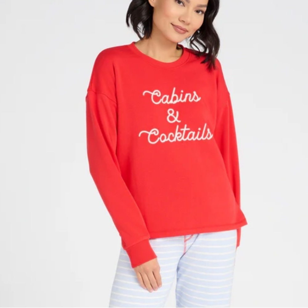 PJ Salvage NEW Holiday “Cabins & Cocktails” Red Fleece Crewneck Soft Sweater XL